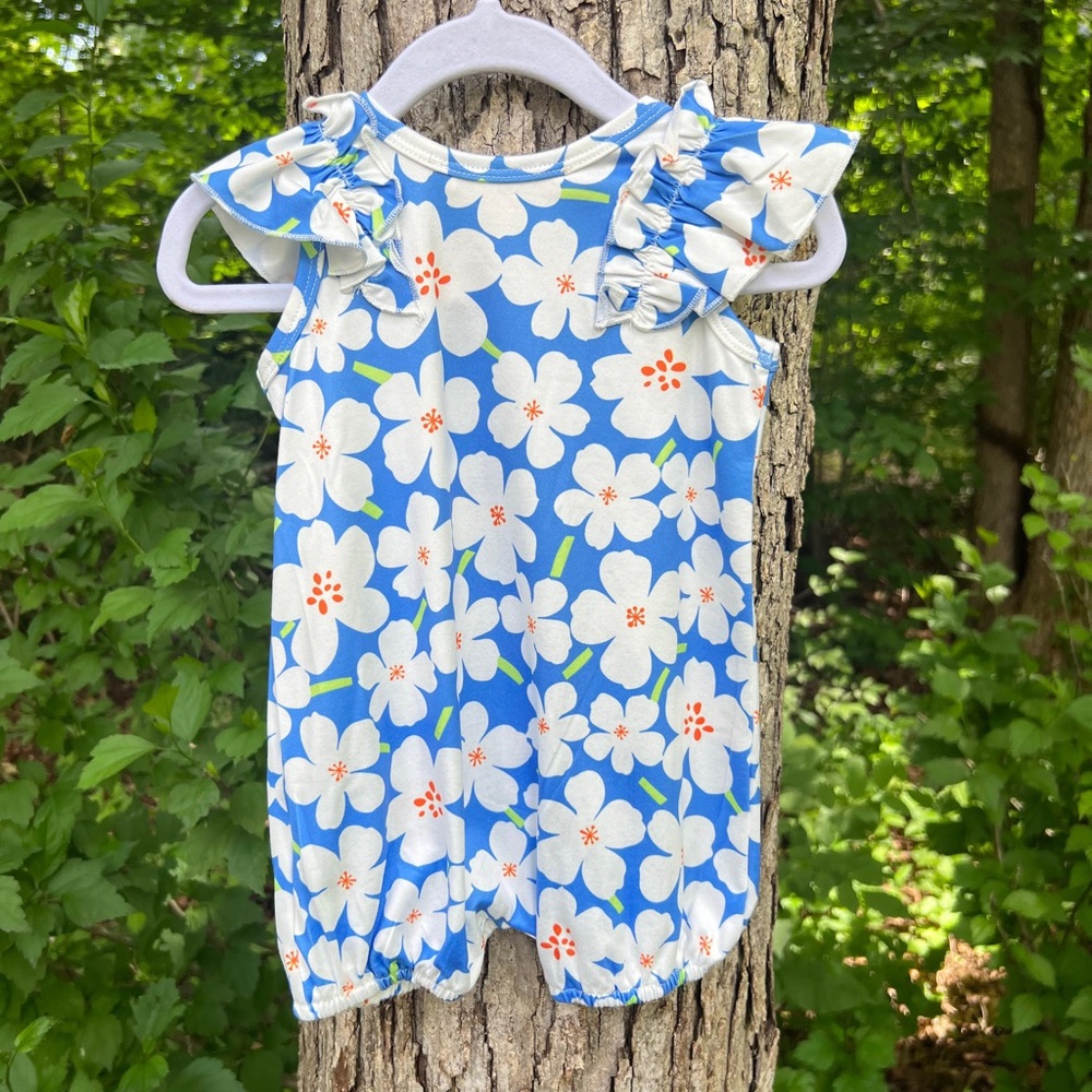 NWOT Blue Floral Ruffle-Sleeve Baby Romper - Aloha
